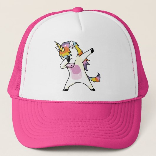 Dabbing Unicorn Funny Cute Rainbow Roze Trucker Pet (Voorkant)