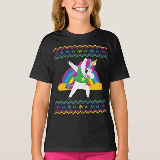 Dabbing Unicorn Rainbow Ugly KerstSweater T-shirt (Voorkant)