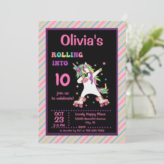 Dabbing Unicorn Roller Skating Birthday Party Invi Kaart (Staand voorkant)