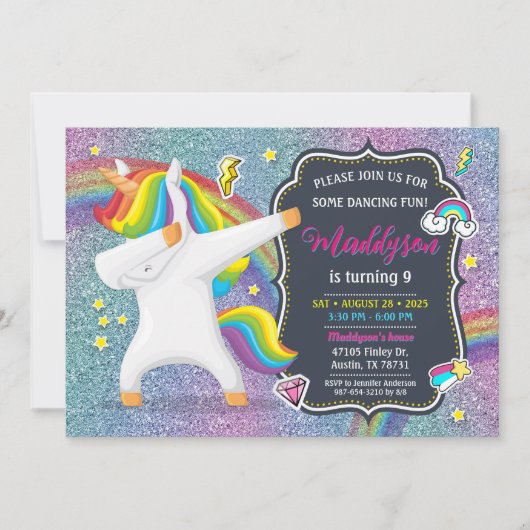 Dabbing Unicorn Uitnodiging voor Dance Party (Voorkant)