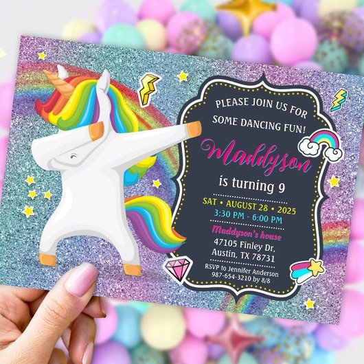 Dabbing Unicorn Uitnodiging voor Dance Party