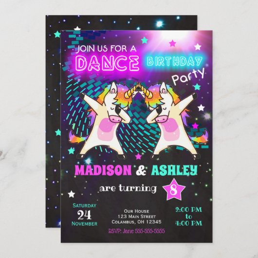Dabbing Unicorn Verjaardag Uitnodiging / Gezamenli (Voorkant / Achterkant)
