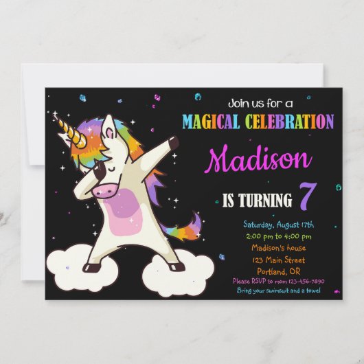 Dabbing Unicorn verjaardagsuitnodiging Magic party Kaart (Voorkant)