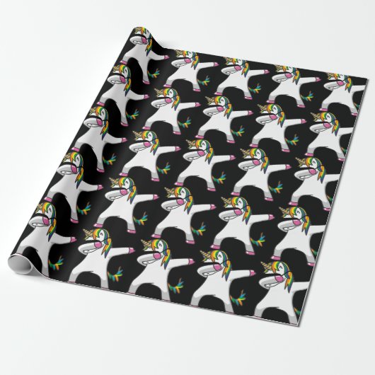 Dabbing Unicorn Wrapping Paper (zwart) Cadeaupapier (Uitgerold)