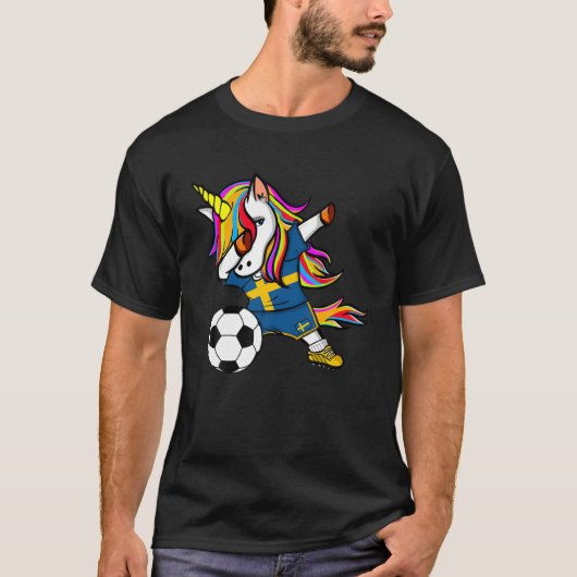 Dabbing Unicorn Zweden Soccer Fans Jersey Zweeds T-shirt (Voorkant)