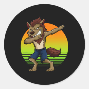 Dabbing Werewolf Retro Sunset Halloween Boys Kinde Ronde Sticker