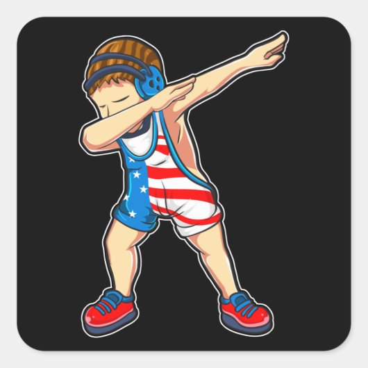 Dabbing Wrestling Boy Wrestler US Flag Vierkante Sticker (Voorkant)
