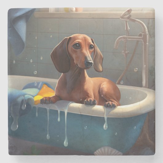 Dachshond badtijd plezier  stenen onderzetter (Voorkant)