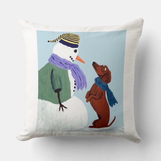 Dachshond En Sneeuwman Kussen (Voorkant)