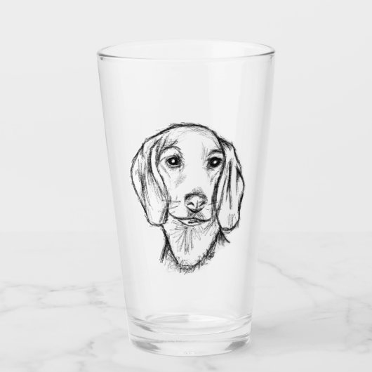 Dachshond handgetekende schets zwart witte puppy h glas (Voorkant)