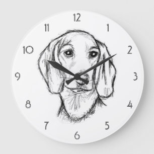 Dachshond handgetekende schets zwart witte puppy h grote klok