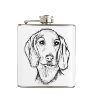 Dachshond handgetekende schets zwart witte puppy h heupfles
