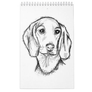 Dachshond handgetekende schets zwart witte puppy h kalender