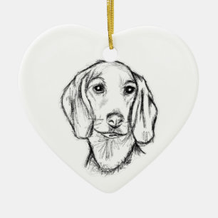 Dachshond handgetekende schets zwart witte puppy h keramisch ornament
