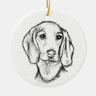 Dachshond handgetekende schets zwart witte puppy h keramisch ornament