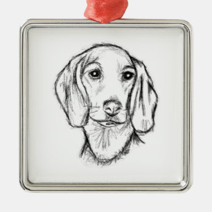Dachshond handgetekende schets zwart witte puppy h metalen ornament