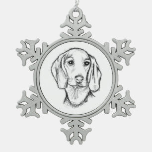 Dachshond handgetekende schets zwart witte puppy h tin sneeuwvlok ornament