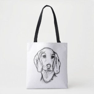 Dachshond handgetekende schets zwart witte puppy h tote bag