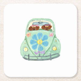 Dachshond Hippies In Hun Bloem Liefde Auto Kartonnen Onderzetters