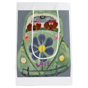 Dachshond Hippies In Hun Bloem Liefde Auto Medium Cadeauzakje
