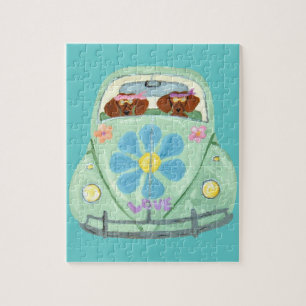 Dachshond Hippies In Hun Bloemliefde Auto Legpuzzel