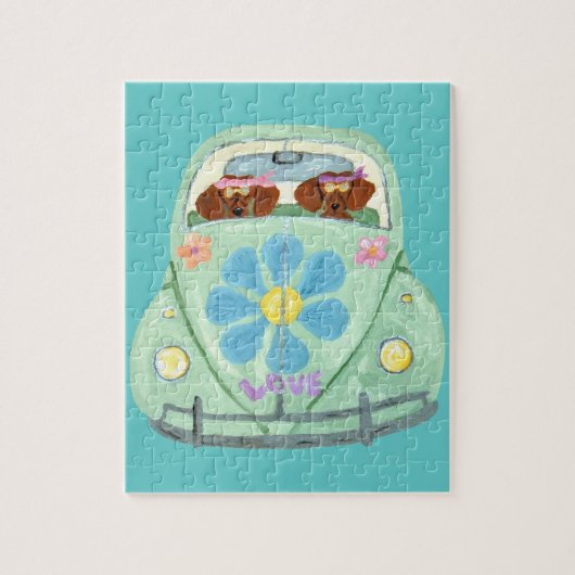 Dachshond Hippies In Hun Bloemliefde Auto Legpuzzel (Verticaal)