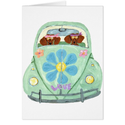 Dachshond Hippies In Hun Bloemliefdesauto (Voorkant)
