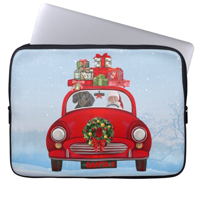 Dachshond in auto met kerstman laptop sleeve (Voorkant)