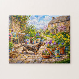 Dachshond loopt door kleurrijke bloementuin legpuzzel
