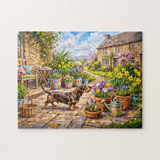 Dachshond loopt door kleurrijke bloementuin legpuzzel (Horizontaal)