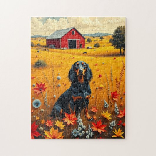 Dachshond op de boerderij in de herfst legpuzzel (Verticaal)