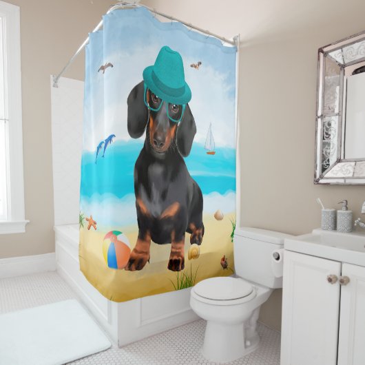 Dachshond op het strand douchegordijn (In situ)