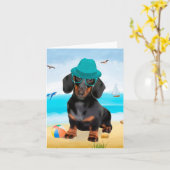 Dachshond op het strand kaart (Gele Bloem)