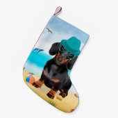 Dachshond op het strand kleine kerstsok (Voorkant (Hangend))
