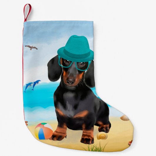 Dachshond op het strand kleine kerstsok (Voorkant)