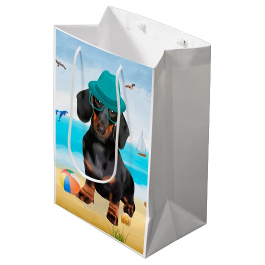 Dachshond op het strand medium cadeauzakje (Voorkant Gekanteld)