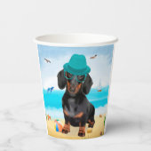 Dachshond op het strand papieren bekers (Achterkant)