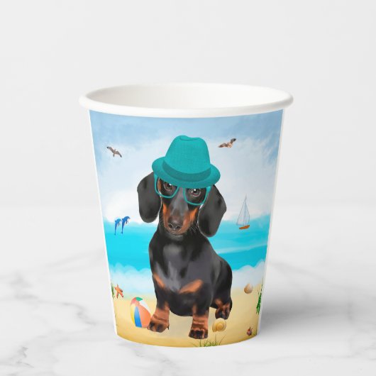 Dachshond op het strand papieren bekers (Voorkant)