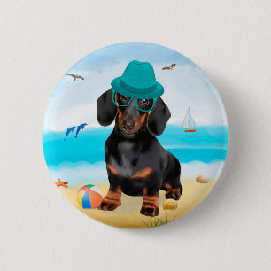 Dachshond op het strand ronde button 5,7 cm