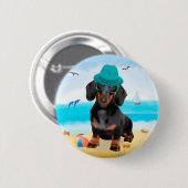 Dachshond op het strand ronde button 5,7 cm (Voorkant /achterkant)