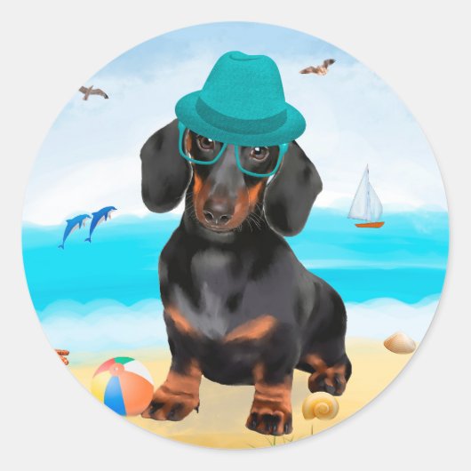 Dachshond op het strand ronde sticker (Voorkant)