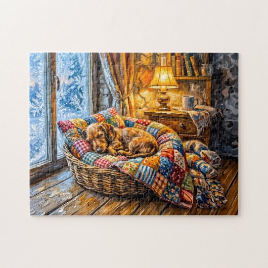 Dachshond rustend in een knus winter raammandje legpuzzel (Horizontaal)