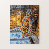 Dachshond rustend in een knus winter raammandje legpuzzel (Verticaal)