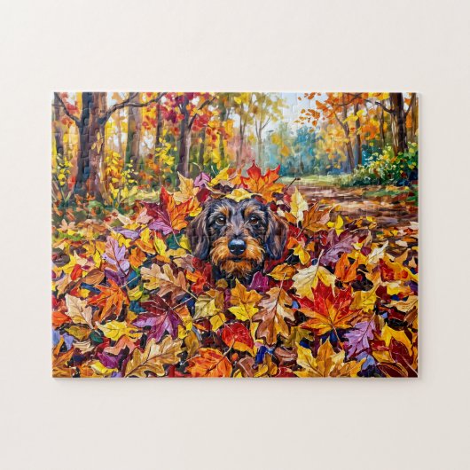 Dachshond rustend in kleurrijke herfstbladeren legpuzzel (Horizontaal)