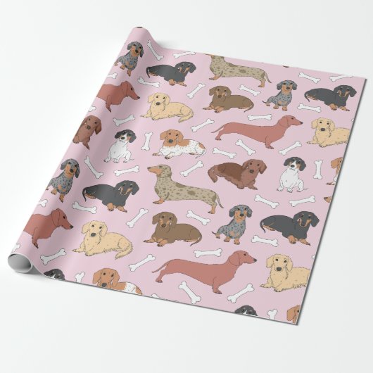 dachshond variëteit patroon in roze cadeaupapier (Uitgerold)