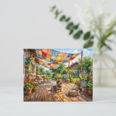 Dachshond zit onder kleurrijke patchworktuin  briefkaart (Staand voorkant)