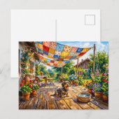 Dachshond zit onder kleurrijke patchworktuin  briefkaart (Voorkant / Achterkant)