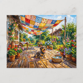 Dachshond zit onder kleurrijke patchworktuin  briefkaart