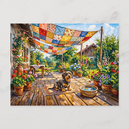 Dachshond zit onder kleurrijke patchworktuin  briefkaart (Voorkant)