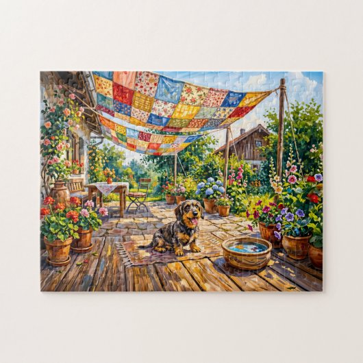 Dachshond zit onder kleurrijke patchworktuin legpuzzel (Horizontaal)